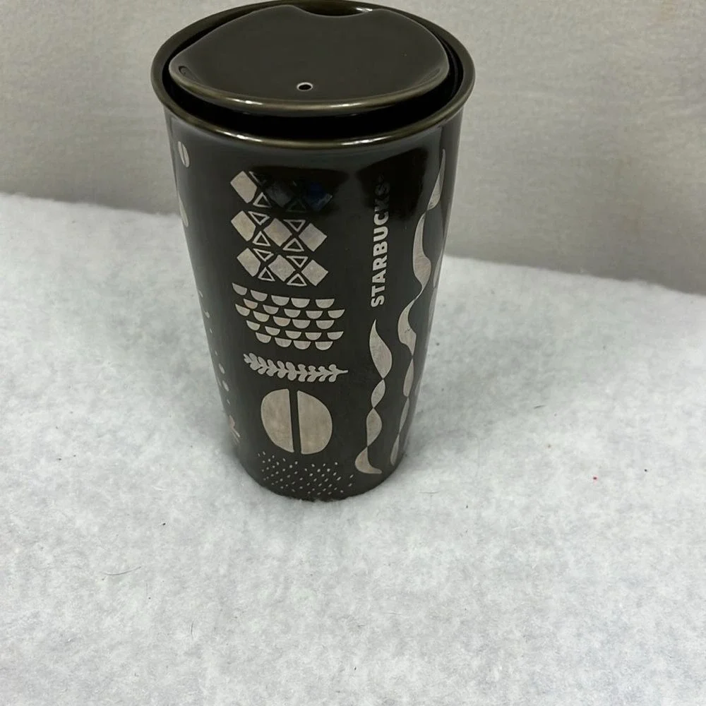 Starbucks 12 oz Double Wall Ceramic Mug Gold Metalic Siren Hot Traveler‎